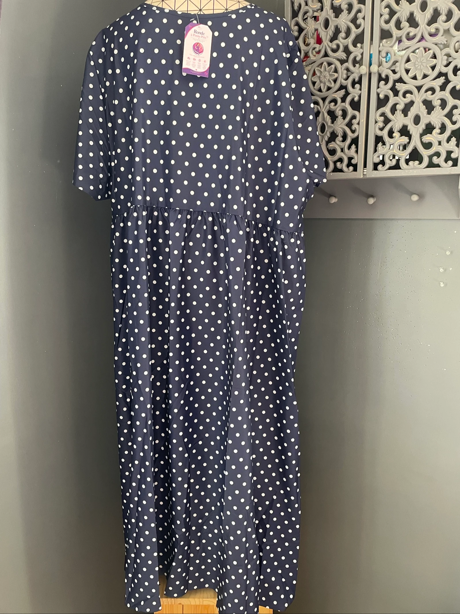💖 vestido longo azul marinho com poás brancos plus size 54 fluido chique mangas curtas 💖 – photo 7